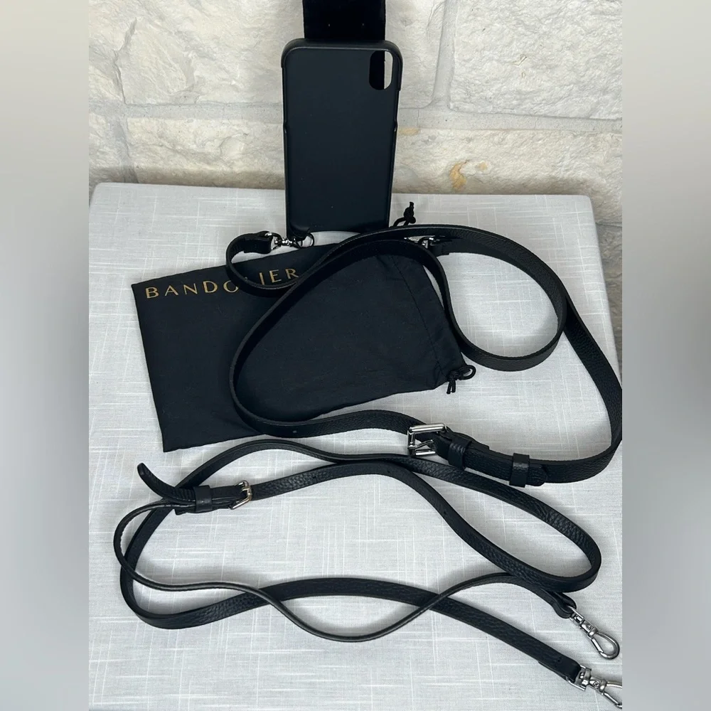 Bandolier I-Phone 2 XR Case Black Pebble Leather Two Straps with Nylon Pouch